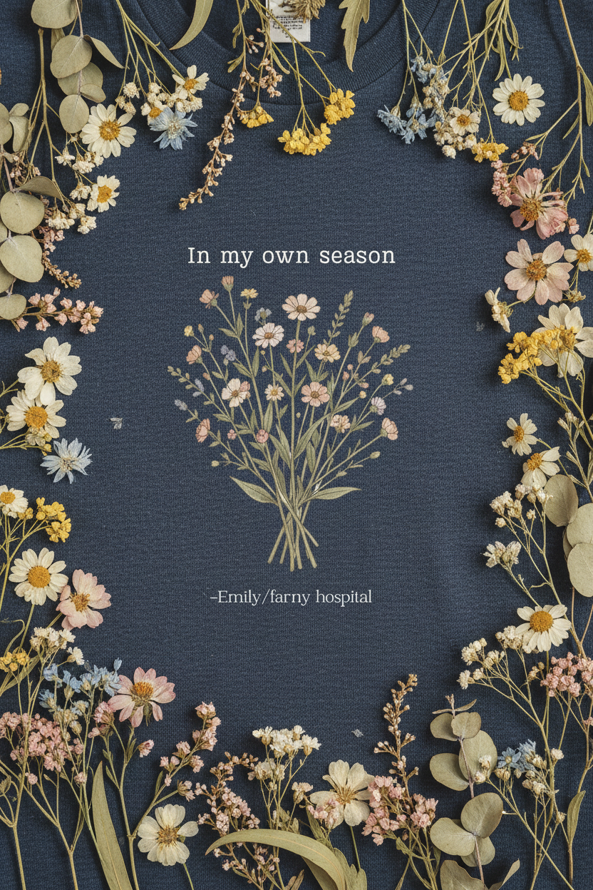 Navy crew-neck t-shirt with large botanical bouquet graphic and 'In my own season' text