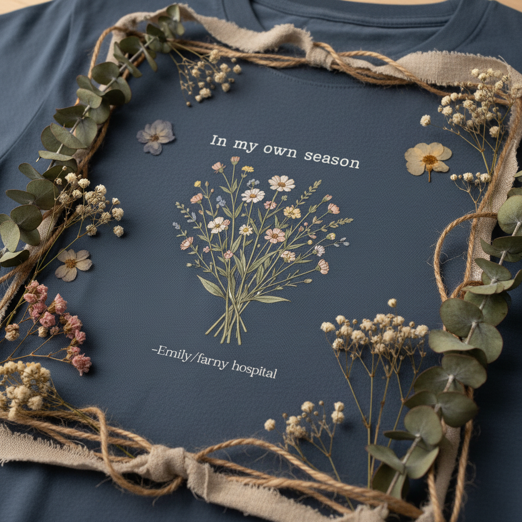 Dark blue crew-neck t-shirt with botanical bouquet graphic and 'In my own season' text
