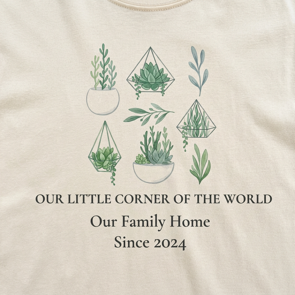 Natural t-shirt close-up with green botanical graphic and “Our Family Home,” “Since 2024”