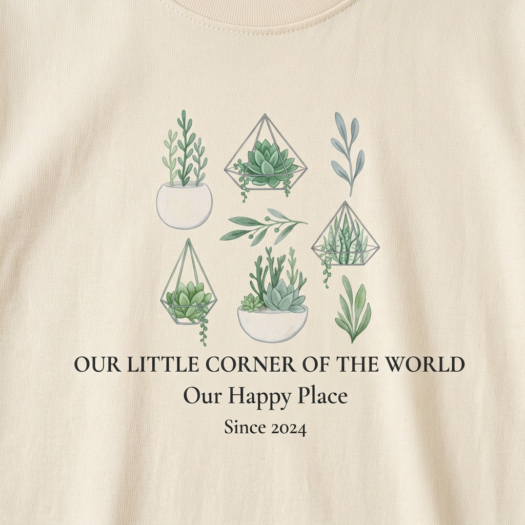 Natural t-shirt close-up with green botanical graphic and “Our Happy Place,” “Since 2024”
