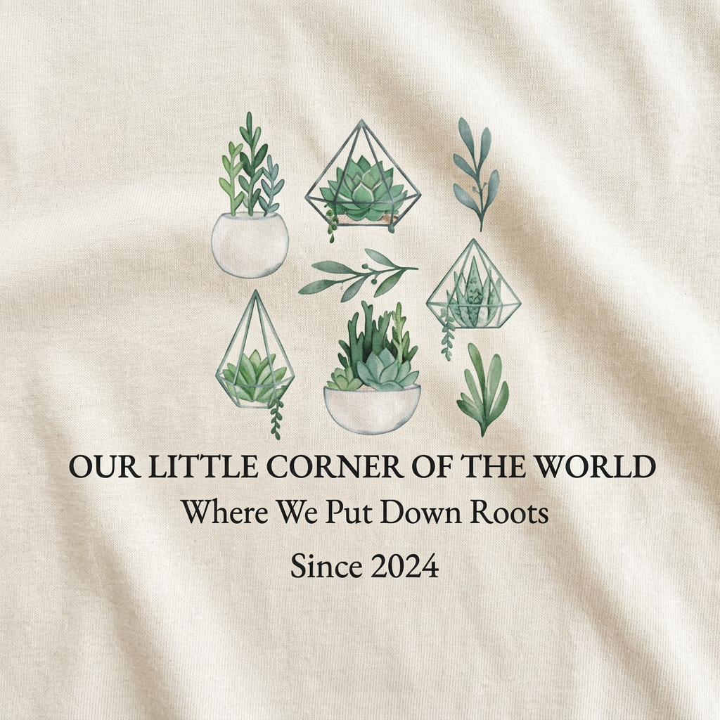 Natural t-shirt close-up with green plant graphic and “Where We Put Down Roots,” “Since 2024”
