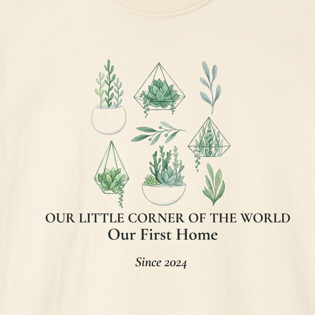 Natural t-shirt close-up with green botanical graphic, “Our First Home,” “Since 2024”