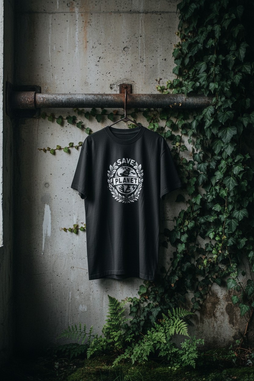 Black T-shirt with Save the Planet emblem graphic on the back, short sleeves