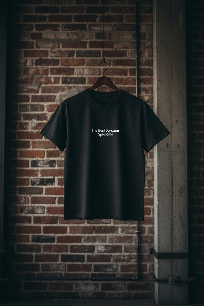 Custom text T-shirt in dark green with small chest print.