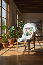 White graphic T-shirt on chair with 'Empowered by Nature' slogan and nature character art
