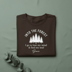 Personalised forest graphic T-shirt in dark brown, trees print with name Grace