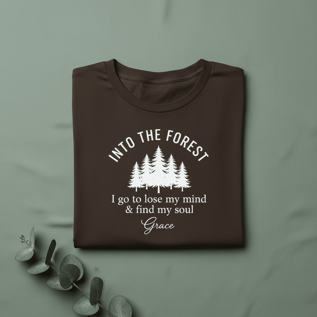 Personalised forest graphic T-shirt in dark brown, trees print with name Grace