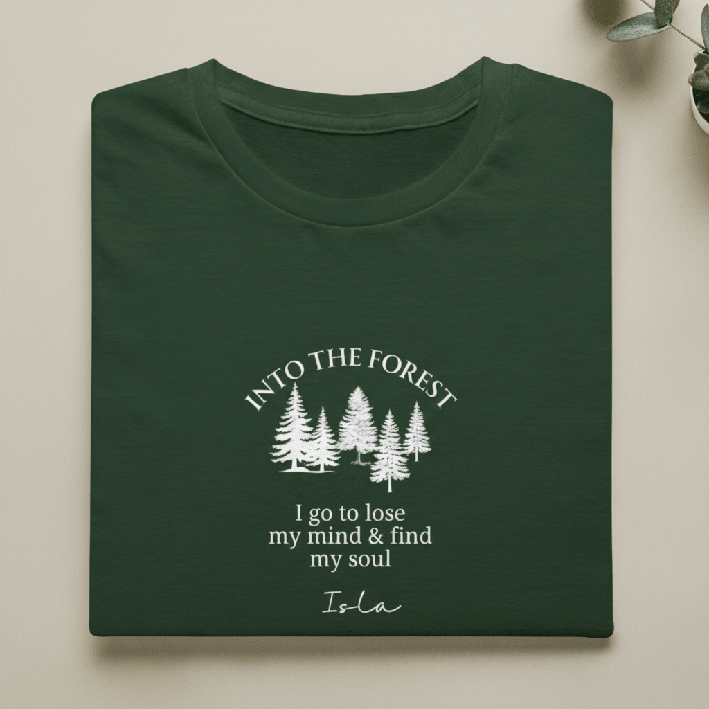 Personalised forest graphic T-shirt in forest green, trees print with name Isla