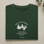 Personalised forest graphic T-shirt in forest green, trees print with name Isla