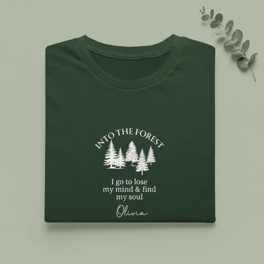 Personalised forest graphic T-shirt in forest green, trees print with name Olivia