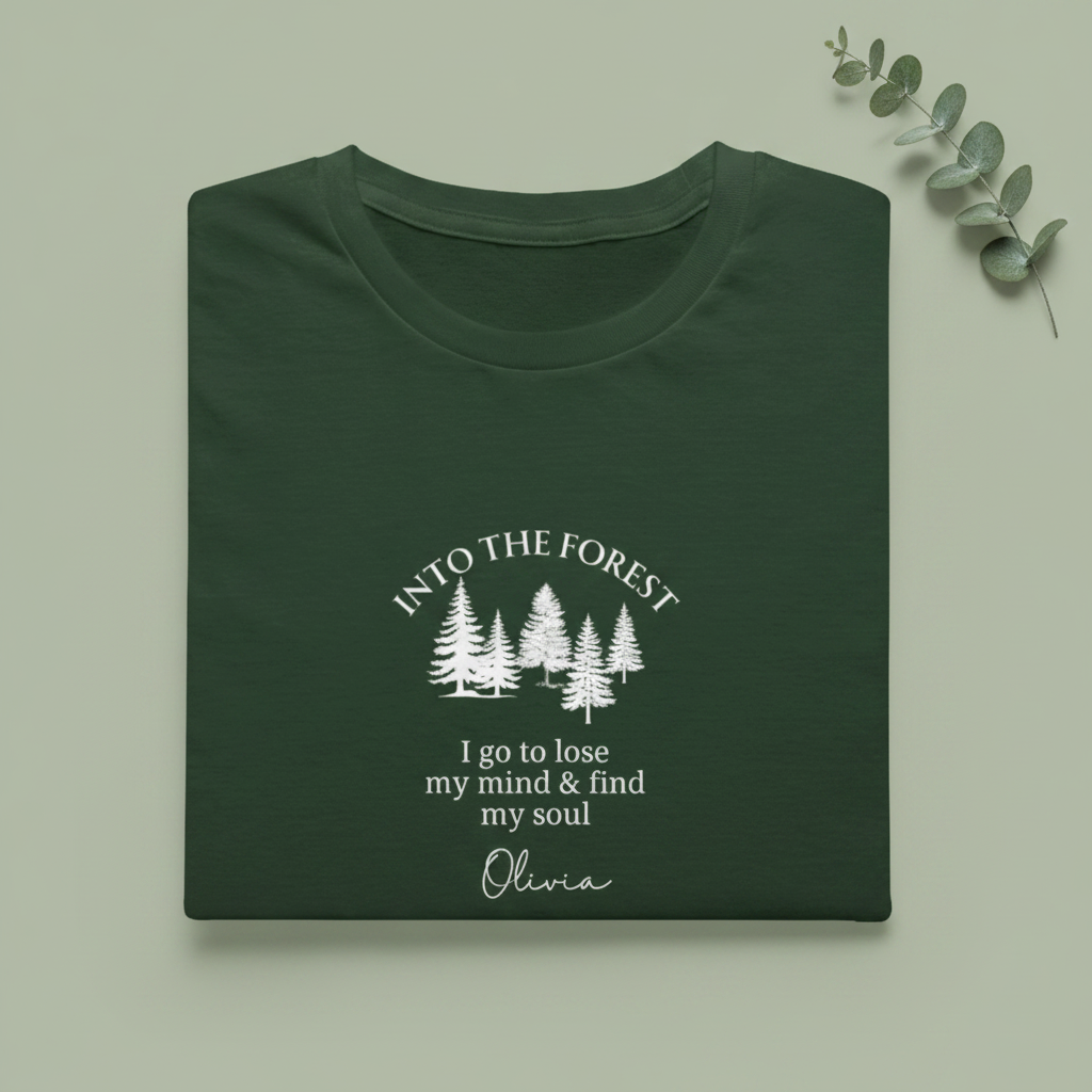 Personalised forest graphic T-shirt in forest green, trees print with name Olivia