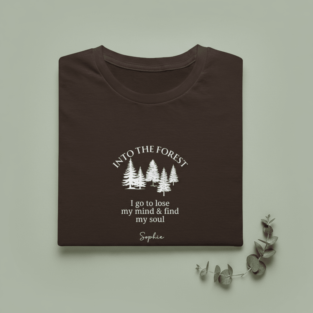 Personalised forest graphic T-shirt in dark brown, trees print with name Sophie