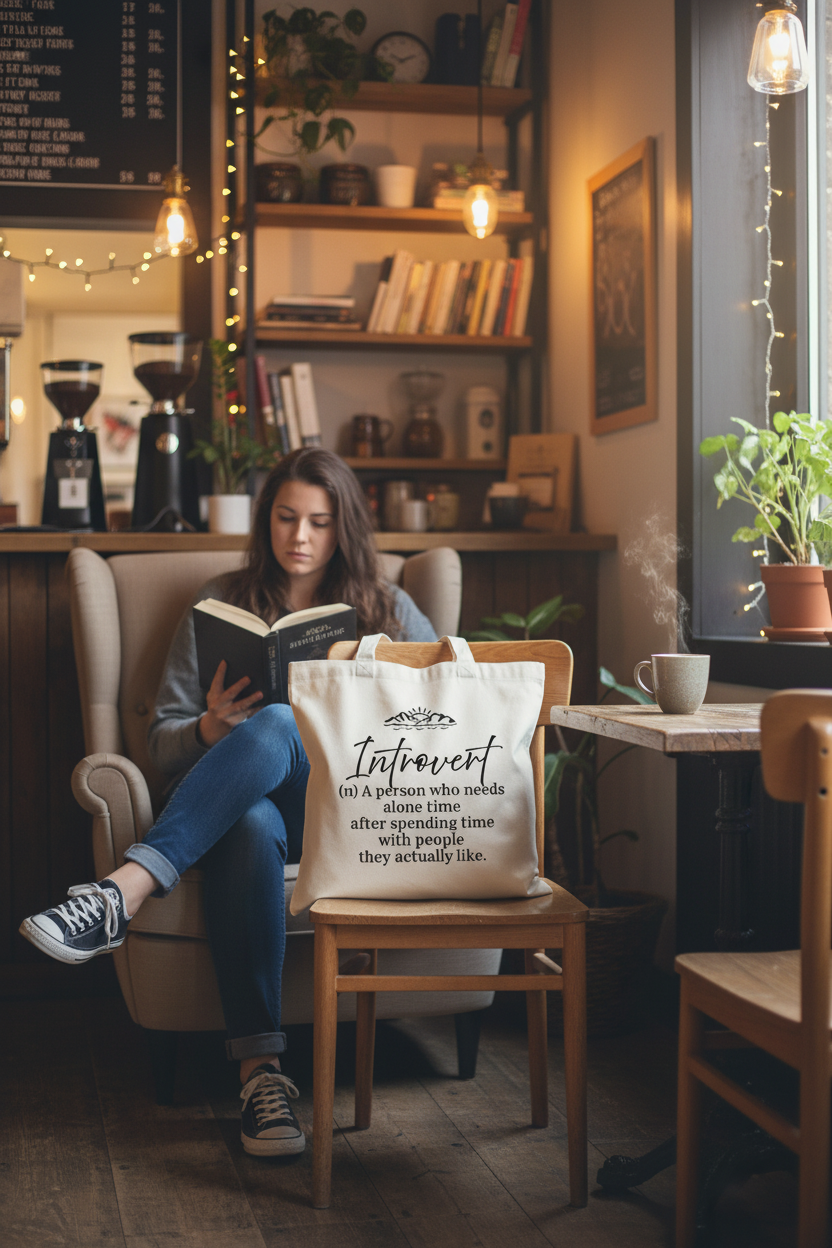 Introvert tote at cafe