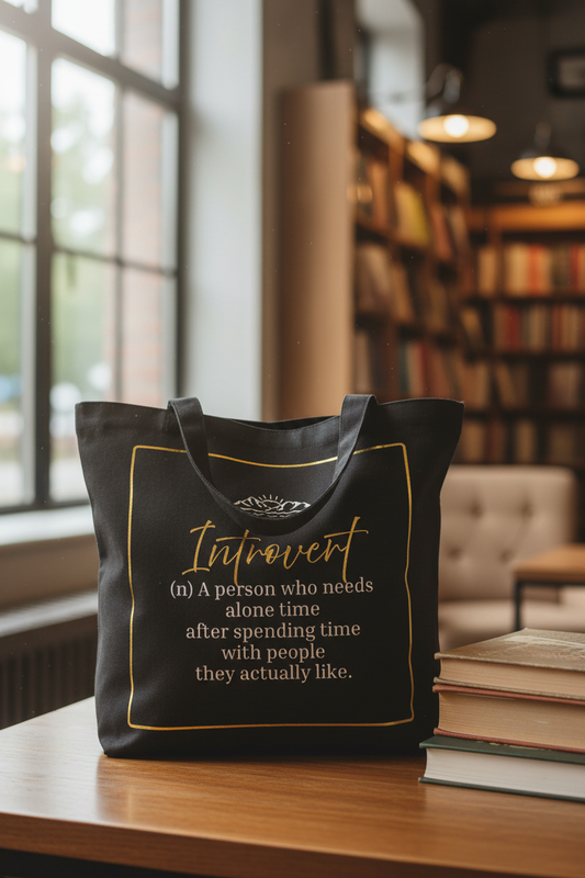 Introvert tote in bookstore