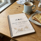 A5 lined notebook with cream cover, moon design, Trust the Timing of Your Life—ISABELLE