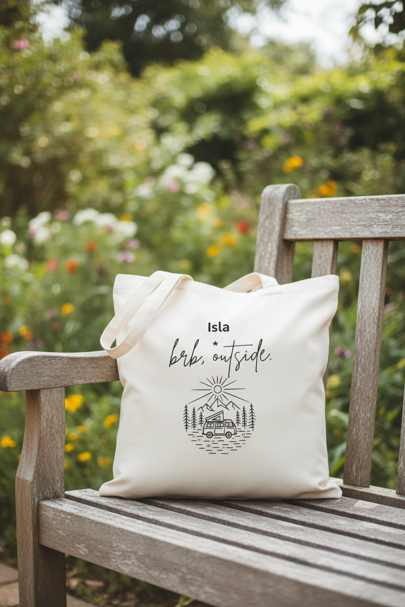 Isla — brb, outside tote mockup