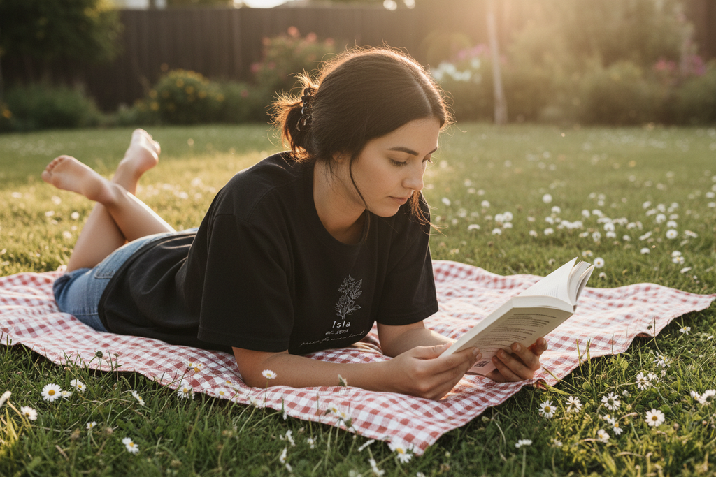 Isla est. 2002 — peace joy bloom — Picnic blanket reading