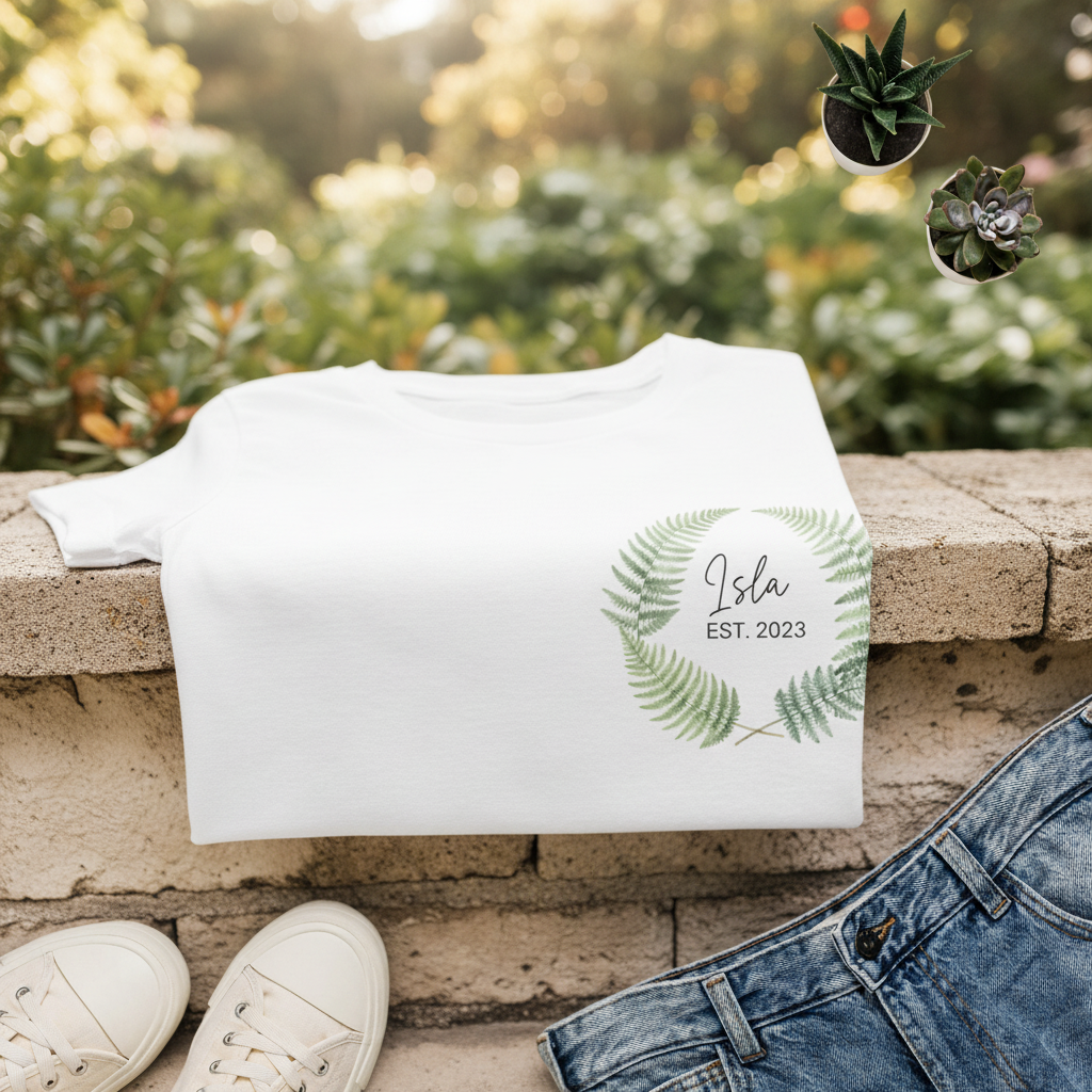 White T-shirt with green fern wreath chest print, 'Isla' EST. 2023