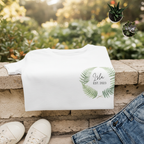 White T-shirt with green fern wreath chest print, 'Isla' EST. 2023