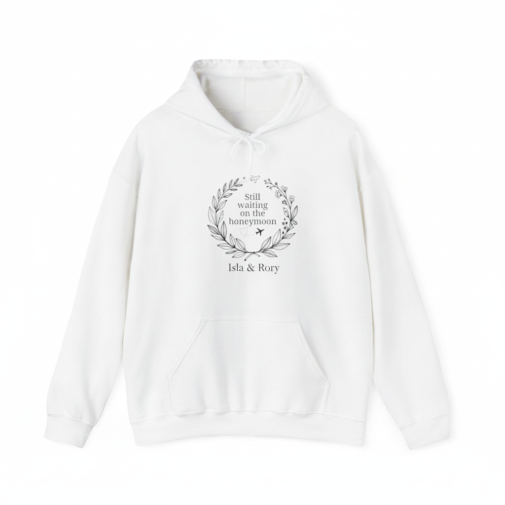 White personalized couples hoodie with small chest wreath print and couple names