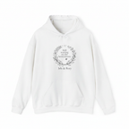 White personalized couples hoodie with small chest wreath print and couple names