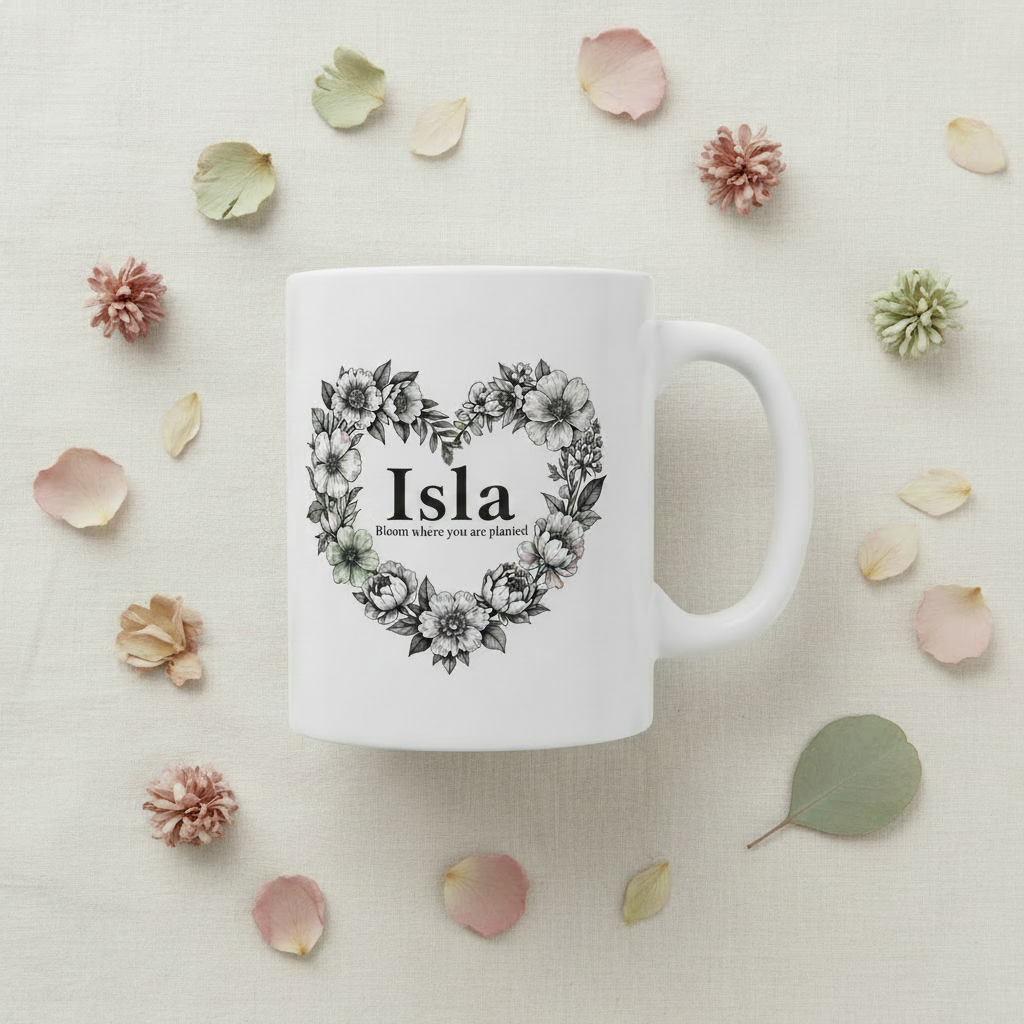 White ceramic mug with floral heart wreath and “Isla” on front