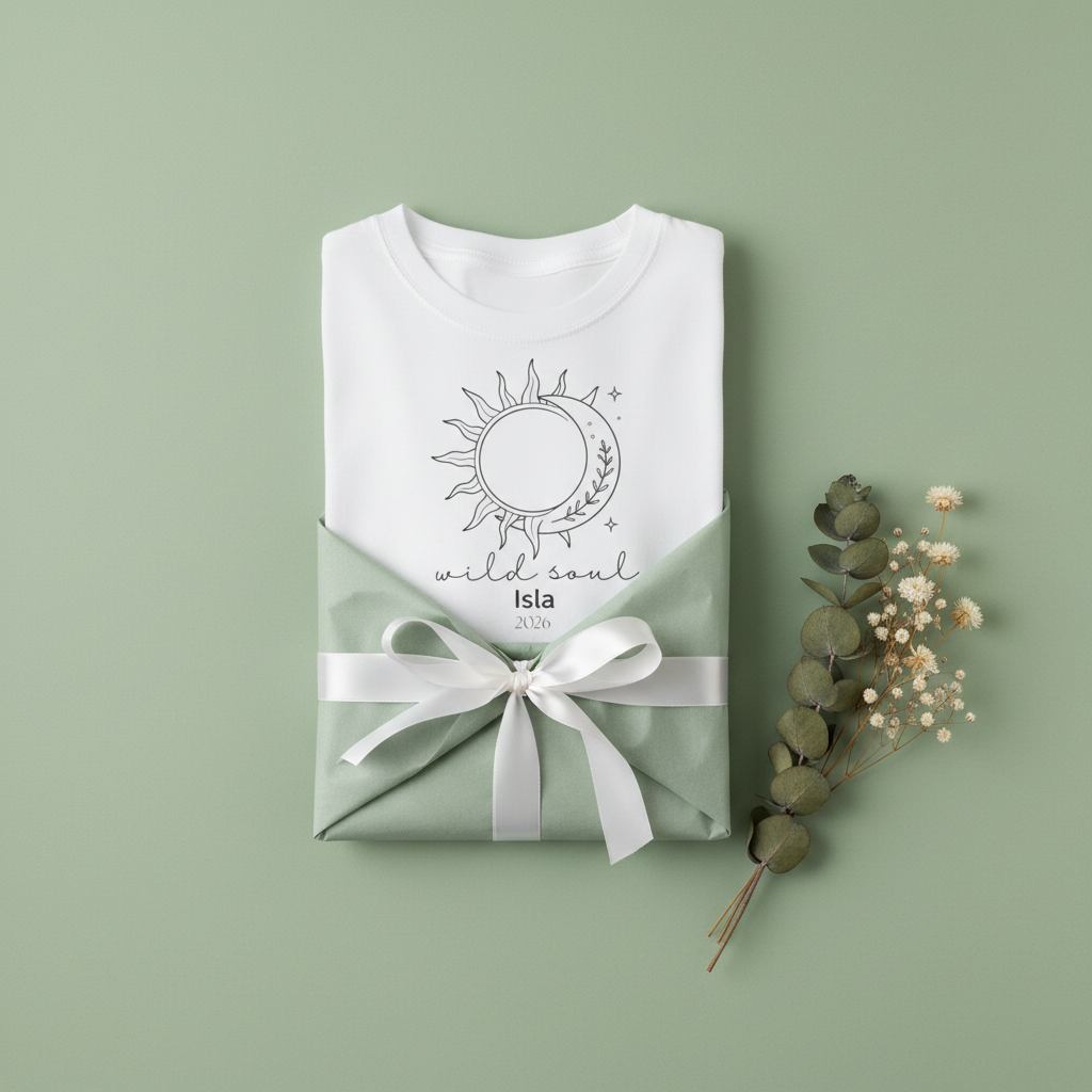 White graphic T-shirt with sun-and-moon emblem, folded with light gray ribbon.