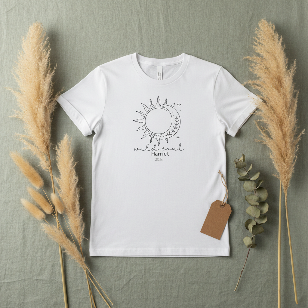 White crewneck graphic T-shirt with sun-and-moon emblem, tag attached.
