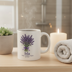 White ceramic mug with lavender bouquet graphic and name Isla