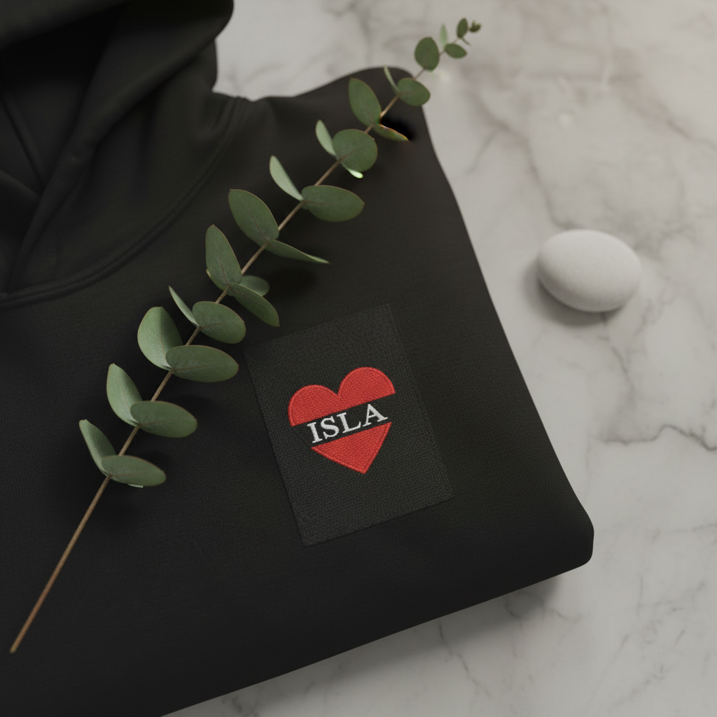 Black personalised embroidered hoodie with ISLA heart patch on chest