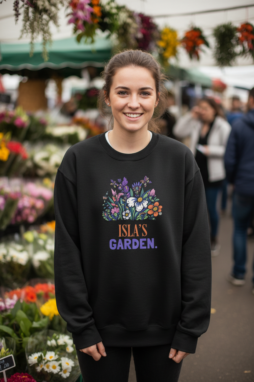 Black crewneck sweatshirt with floral “Isla's Garden” name print on front