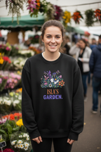 Black crewneck sweatshirt with floral “Isla's Garden” name print on front