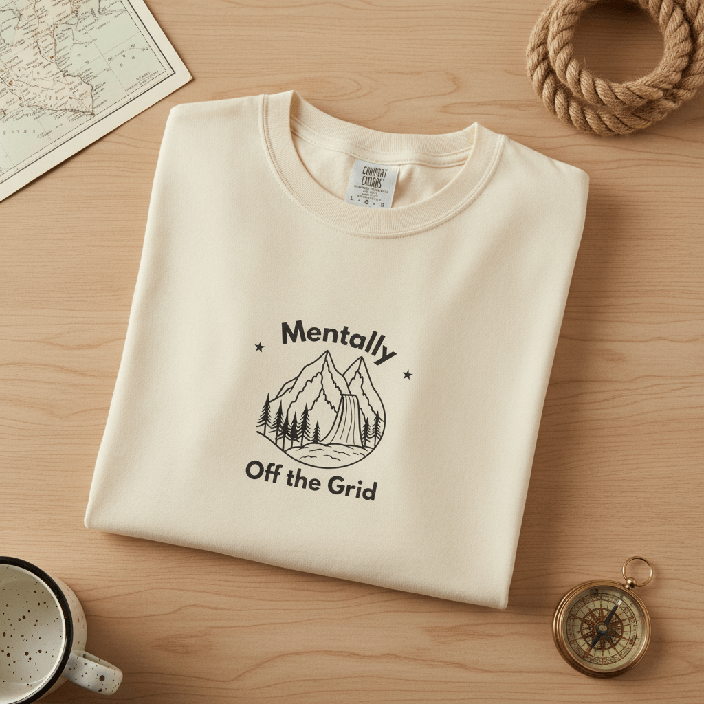 Ivory custom T-shirt with mountain graphic and text "Mentally" and "Off the Grid"