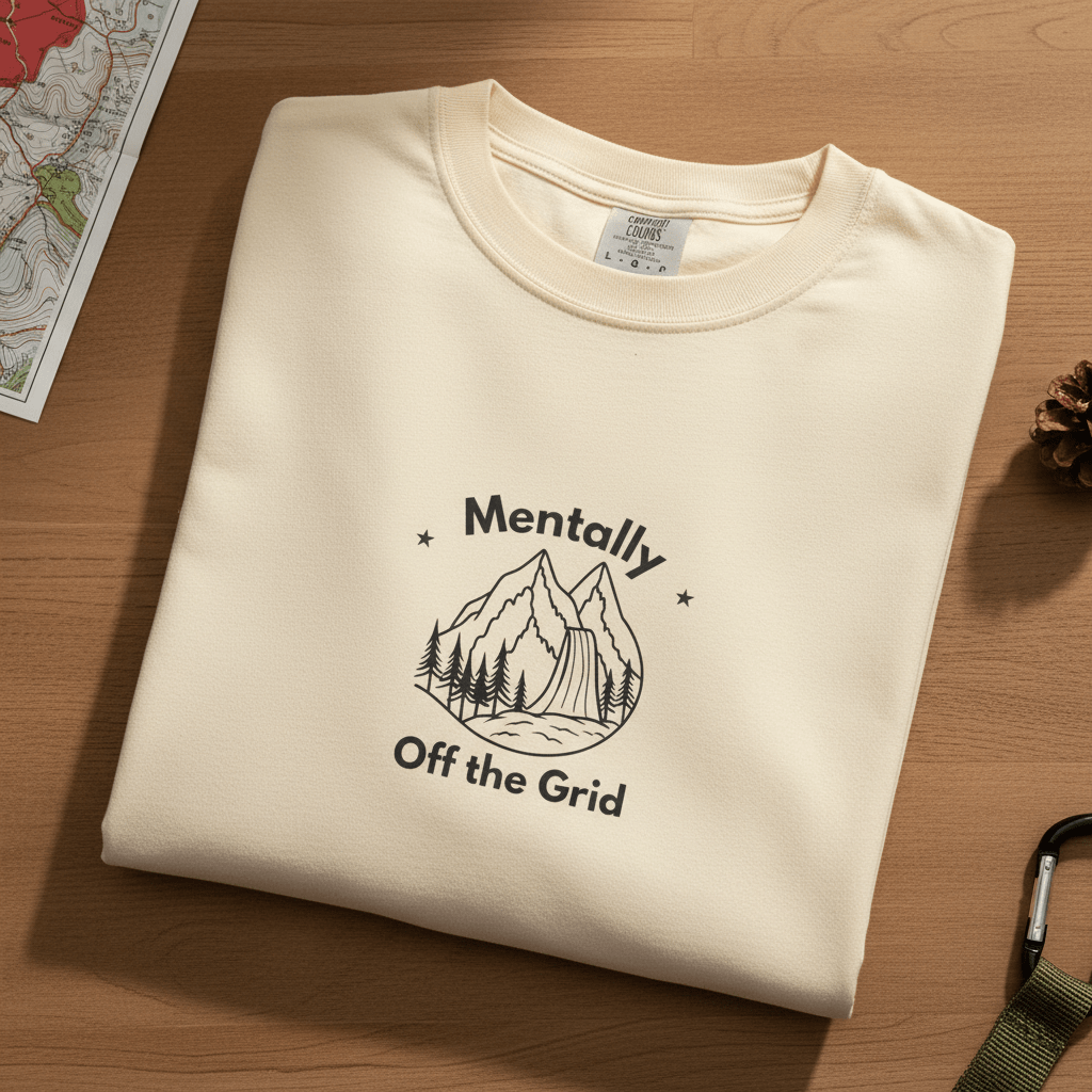 Ivory custom T-shirt with mountain graphic and text "Mentally" and "Off the Grid"