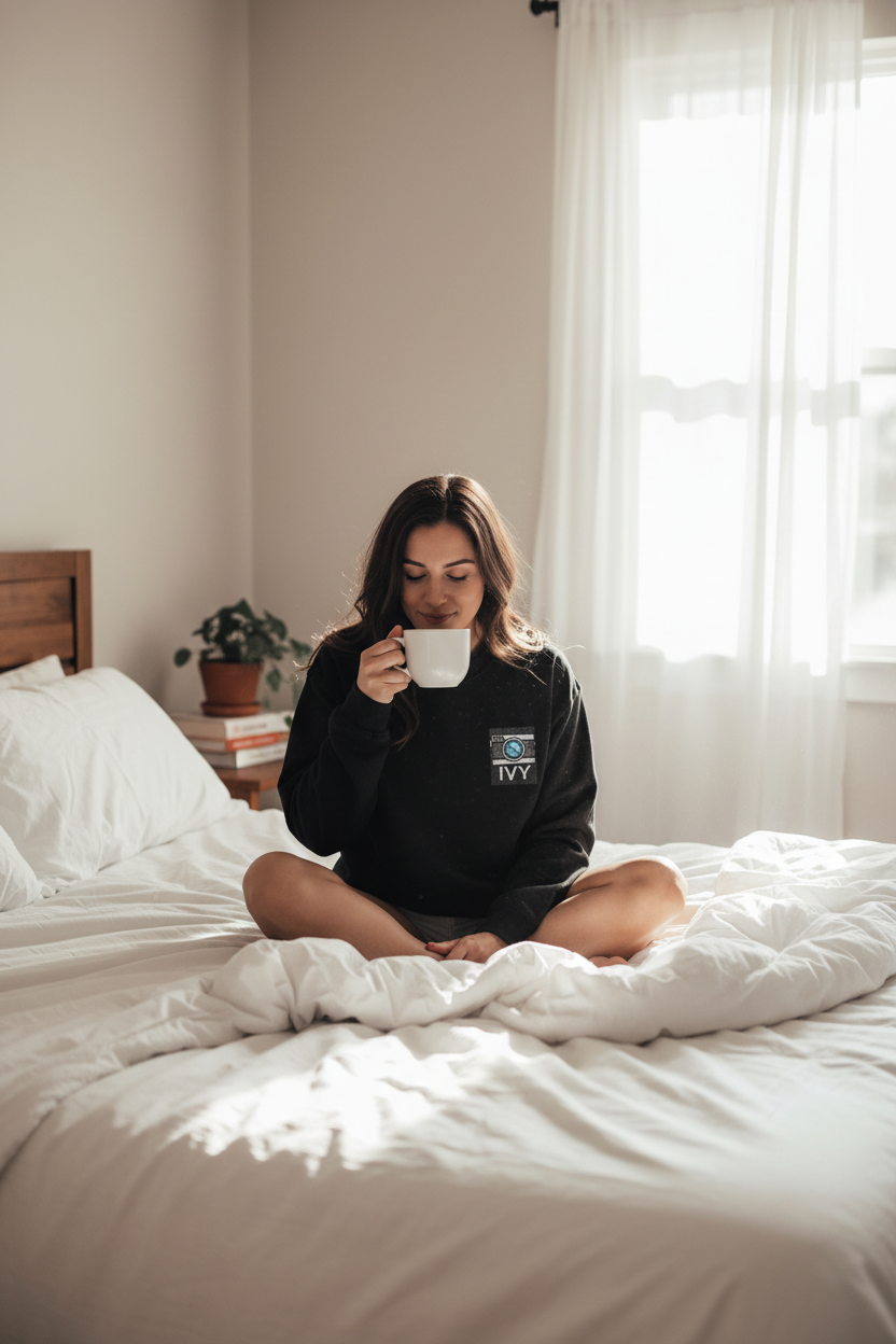 Black sweatshirt with embroidered camera patch and TVY name