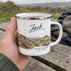 Personalised enamel camping mug, white with Dartmoor landscape and name Jack