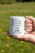 White graduation mug with checklist text, "Jade", and "Class of 2026".
