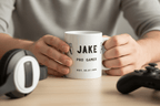 Personalised gamer mug: 'JAKE' with 'PRO GAMER' and EST date, white ceramic