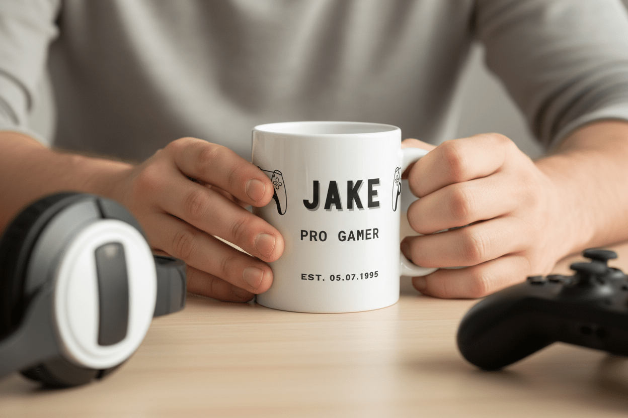 Personalised gamer mug: 'JAKE' with 'PRO GAMER' and EST date, white ceramic