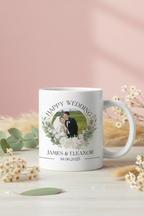 White wedding mug with couple photo, “Happy Wedding”, James & Eleanor and date