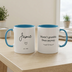 Jamie EST. 1990 blue mug with the quote Mustn’t grumble. Does anyway.