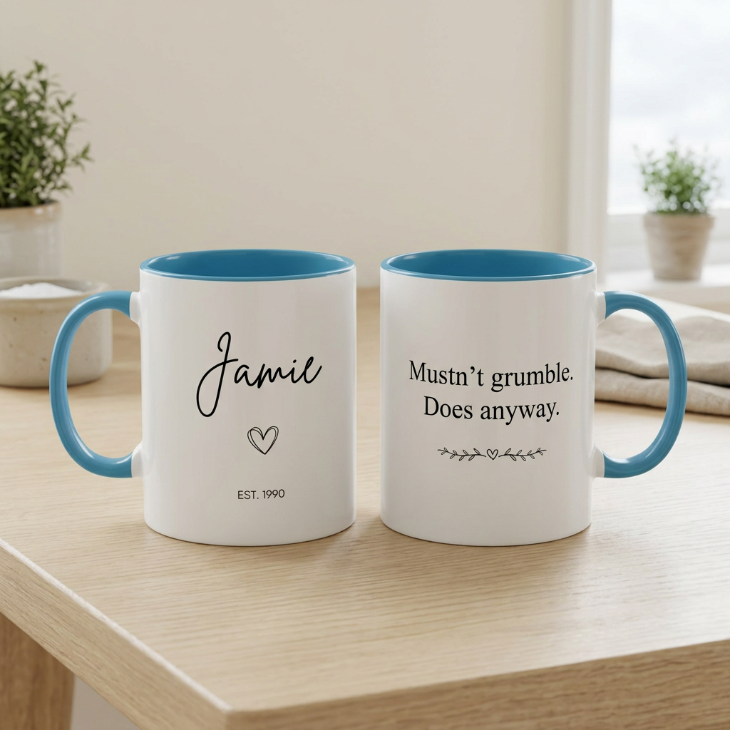 Jamie EST. 1990 blue mug with the quote Mustn’t grumble. Does anyway.