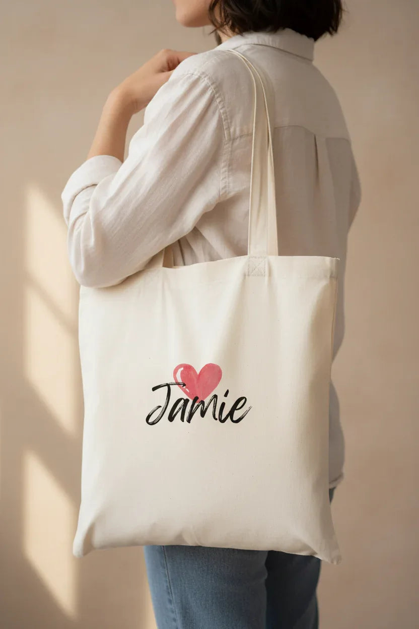 Personalised Heart Tote Bag | Add Any Name | Cute Custom Gift - Alley Crafters