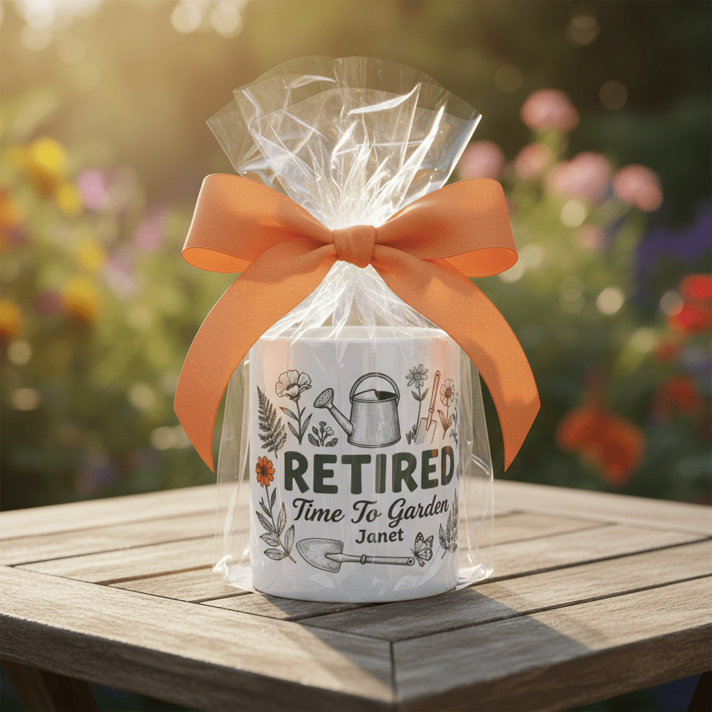Personalised Retired Time to Garden mug in clear bag with orange bow
