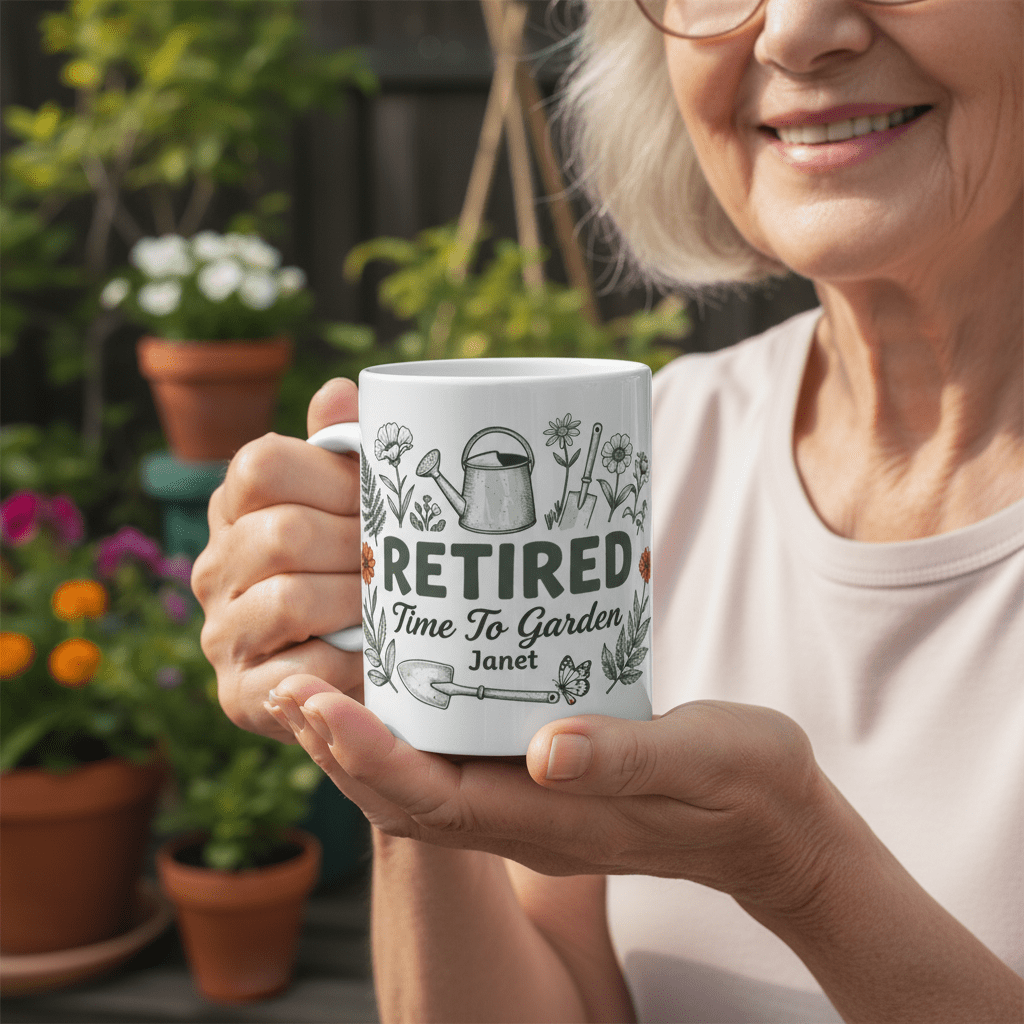 White Retired Time to Garden mug with custom name held in garden
