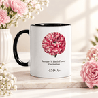 Personalised birth flower mug with black handle; January carnation; name EMMA.