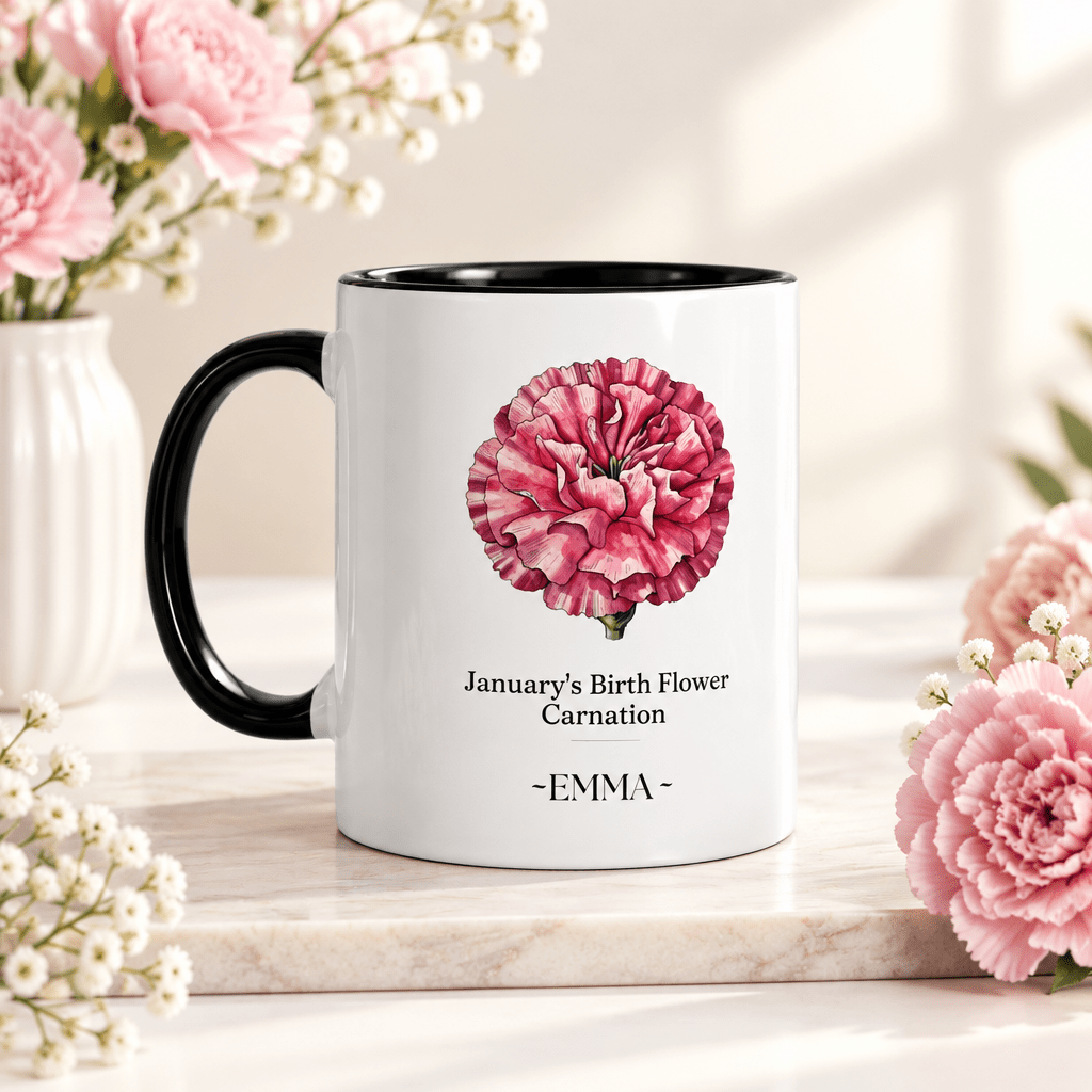 Personalised birth flower mug with black handle; January carnation; name EMMA.