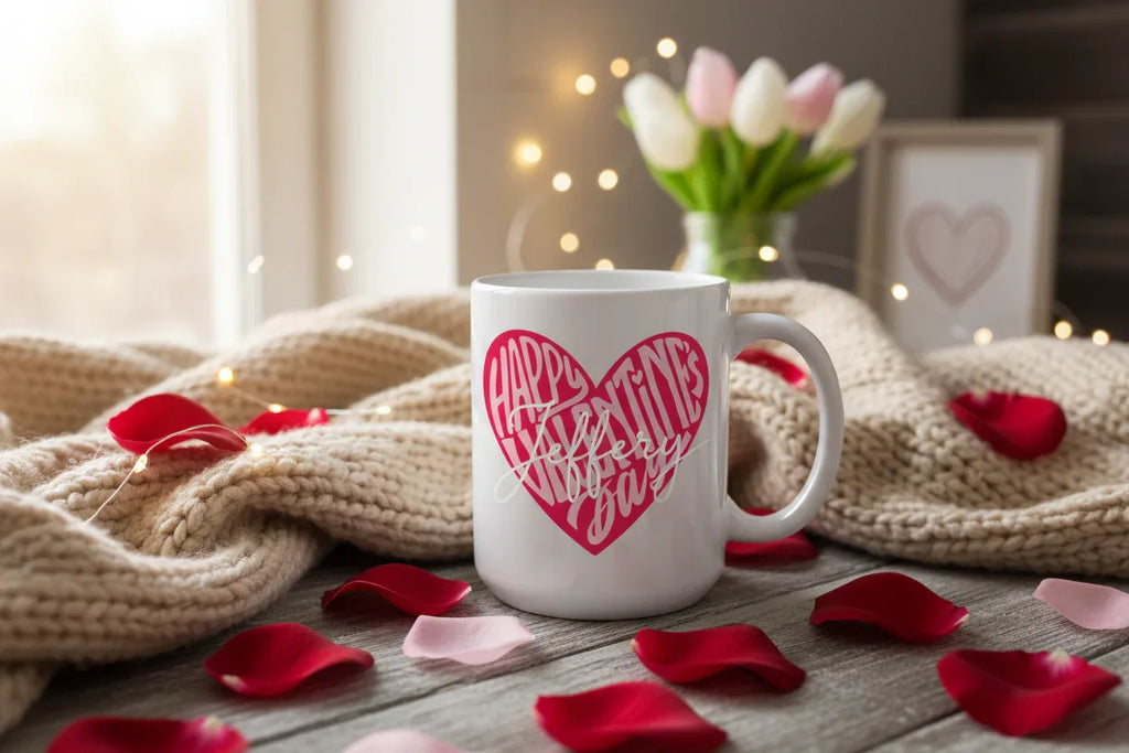 White ceramic coffee mug with pink heart “Happy Valentine’s Day” design