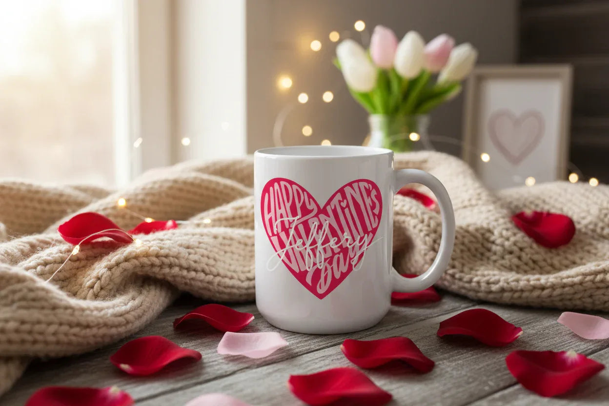 White ceramic coffee mug with pink heart “Happy Valentine’s Day” design