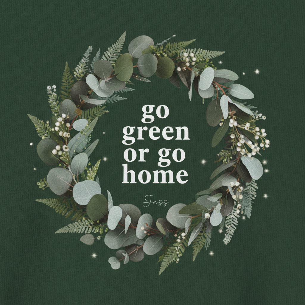 Forest green unisex T-shirt with “go green or go home” wreath graphic